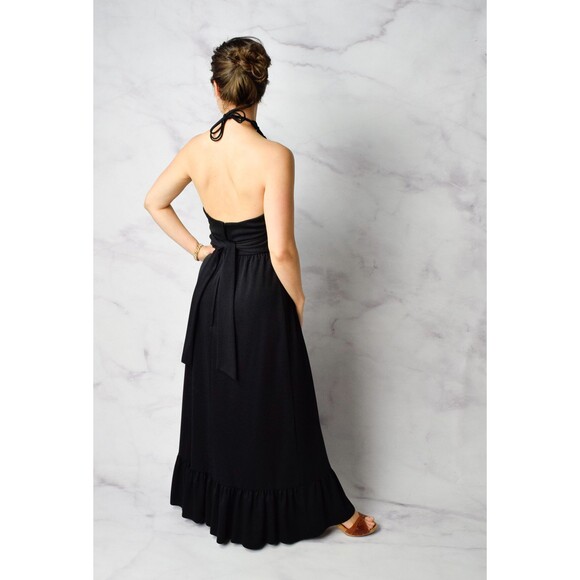 1970s Spiderweb Halter Dress Size Small 70s Halter Gown Vintage Black Maxi Dress - Picture 9 of 9